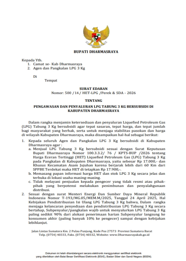 SURAT EDARAN BUPATI DHARMASRAYA TERKAIT PENGAWASAN GAS ELPIJI 3 KG DI NAGARI SUNGAI RUMBAI TIMUR 